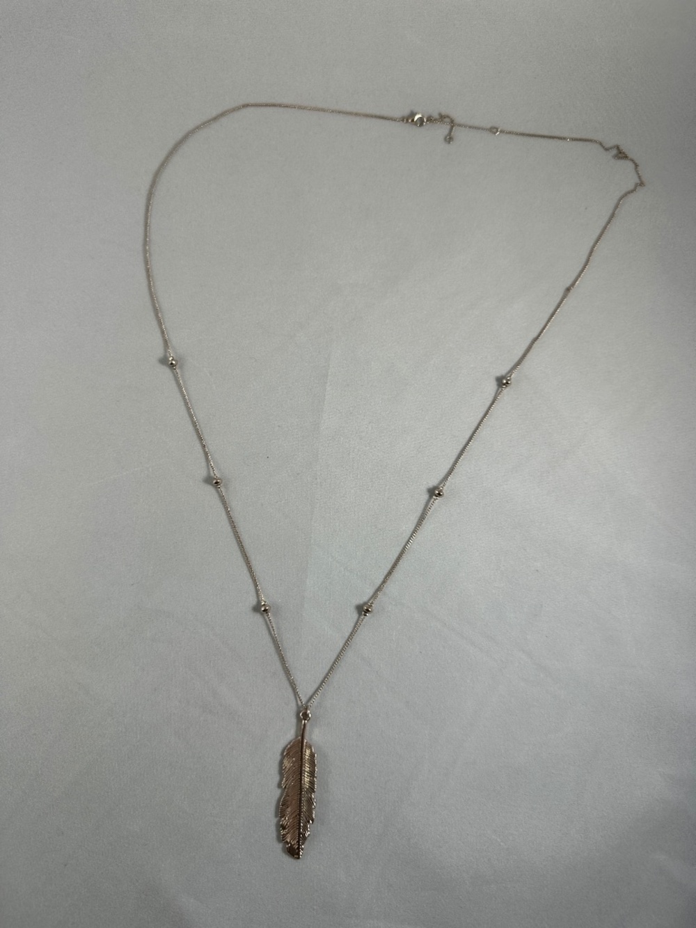 Boho Long Feather Pendant Necklace with Station Bead Accent Chain